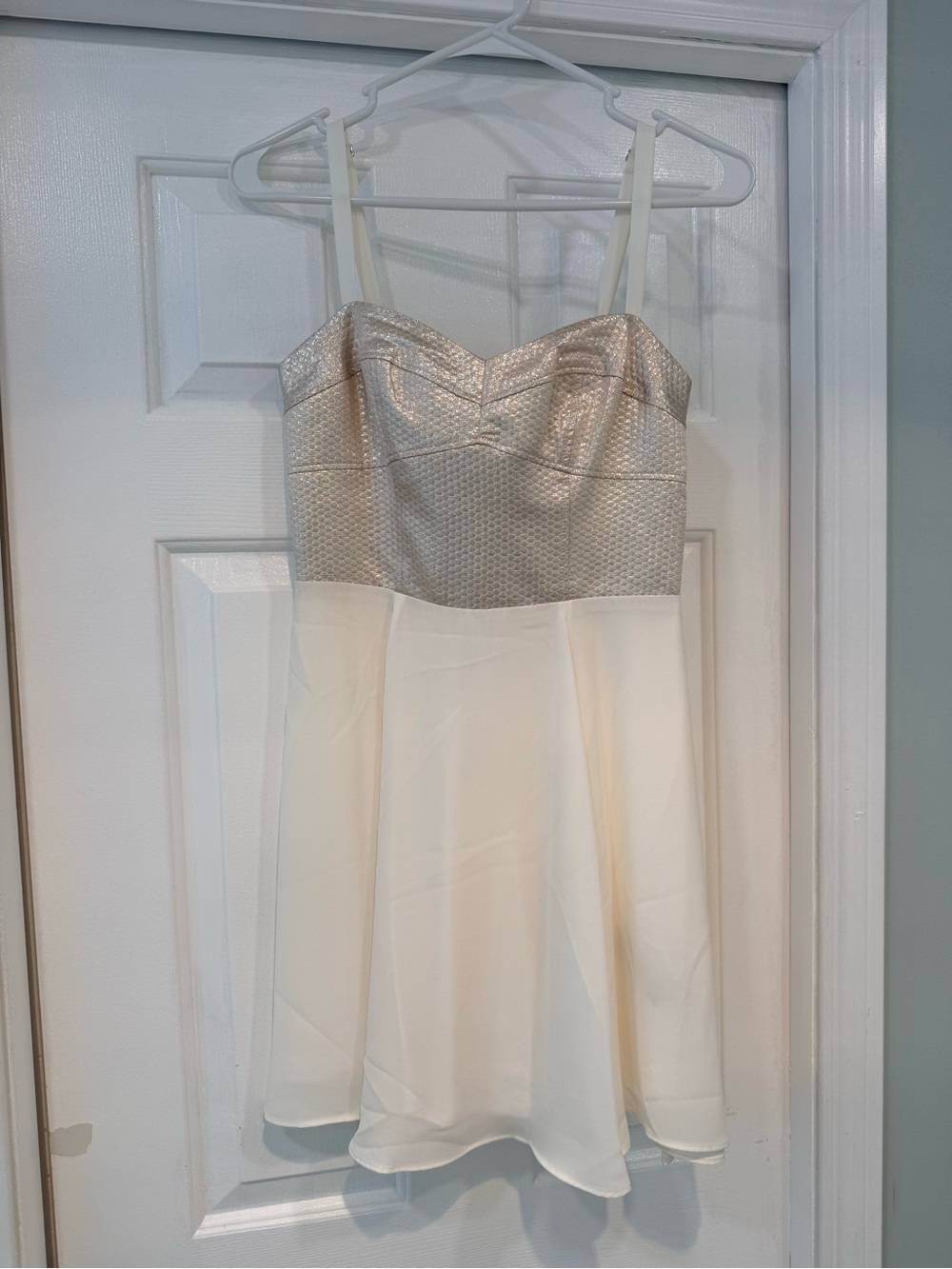 Express Metallic Silver Bodice Cream Skater Dress